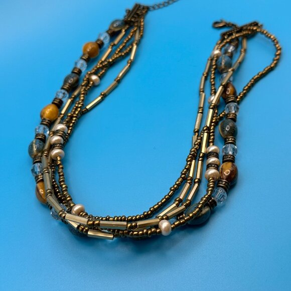 Vintage Premier Designs 5 strand gold tones and glass beads necklace. - Picture 6 of 8